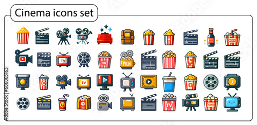 Cinema icon set design: popcorn box, movie, clapboard, movie, film, TV, video and more.