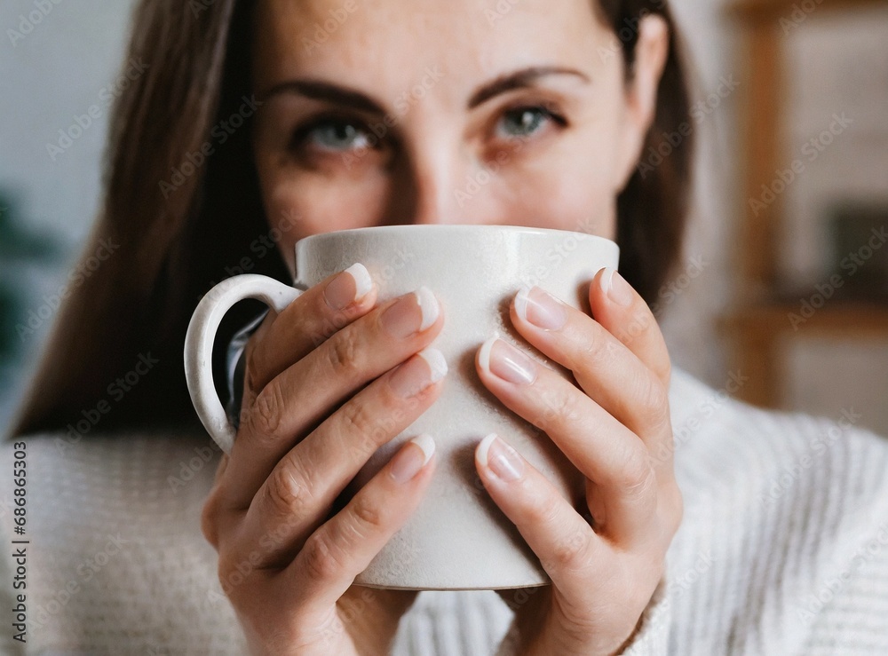 Woman holding a cup of coffee. Drink morning. A girl in a cozy house drinks a hot drink Woman holding a cup of coffee. Drink morning. A girl in a cozy house drinks a hot drink