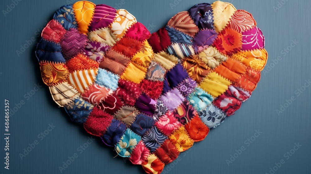 heart with many pieces of fabric with different patterns and colors, 16:9