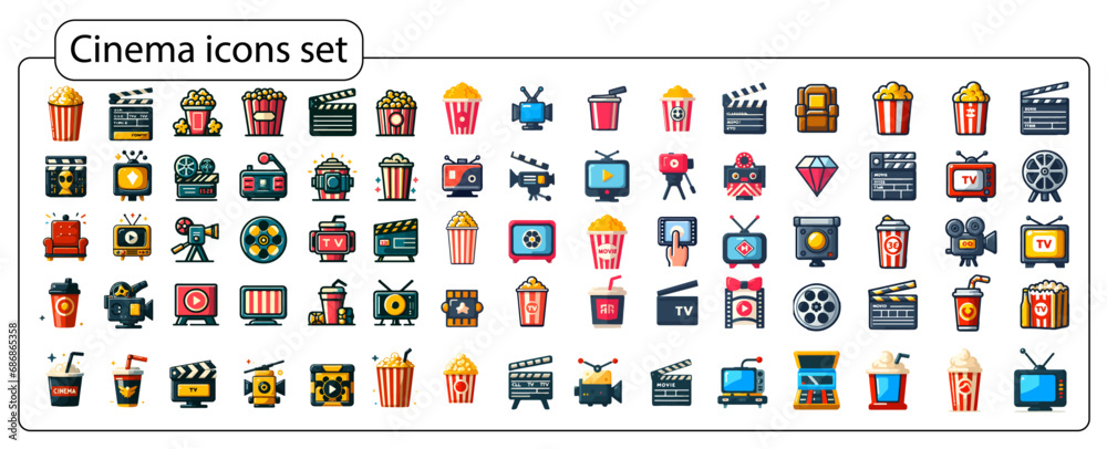 Cinema icon set design: popcorn box, movie, clapboard, movie, film, TV, video and more.