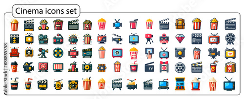 Cinema icon set design: popcorn box, movie, clapboard, movie, film, TV, video and more.