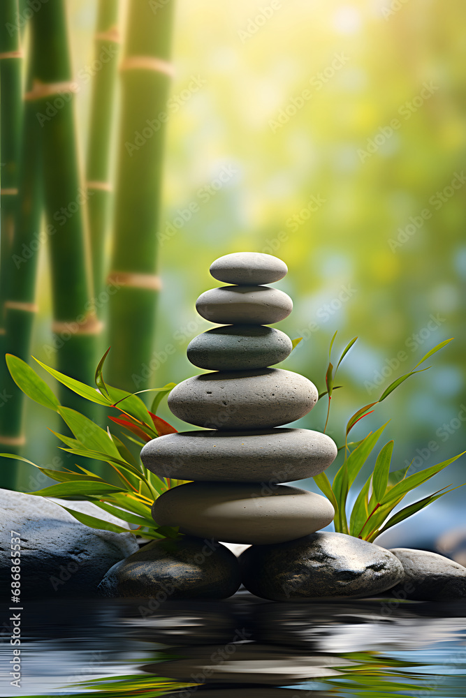Obraz premium a stack or pyramid of stones, bamboo stems and leaves near the water. a balancing pebble stone. the concept of relaxation, equilibration. vertical..
