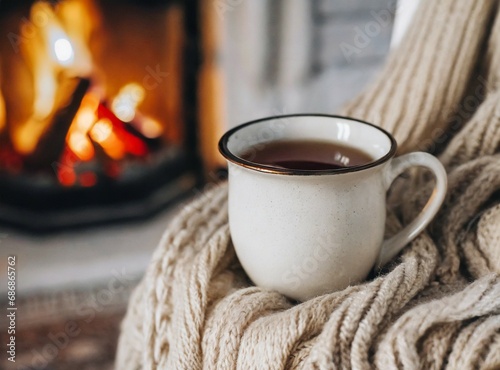 Coffee mug at home, fire at background. Winter holiday at home concept
