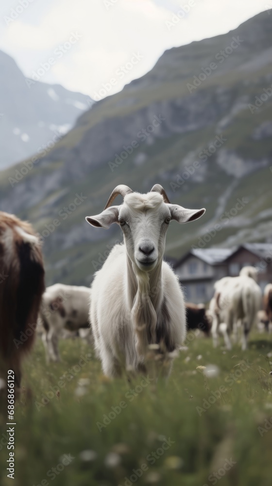 Fototapeta premium Flock of goats. Goat grazing on the green pastures in front of the mountains, embodying pastoral serenity and picturesque rural life.