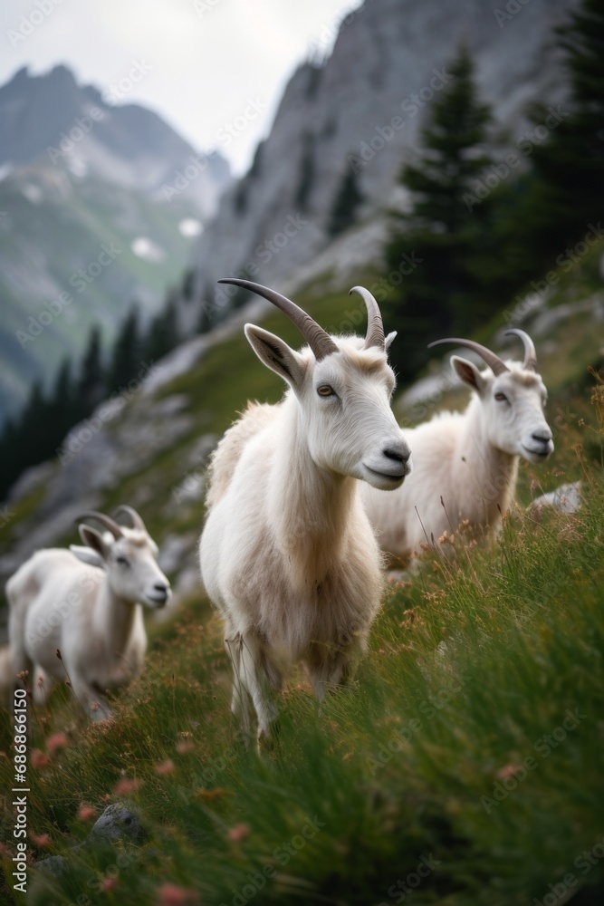 Flock of goats. Goat grazing on the green pastures in front of the mountains, embodying pastoral serenity and picturesque rural life. Flock of goats. Goat grazing on the green pastures in front of the mountains, embodying pastoral serenity and picturesque rural life.
