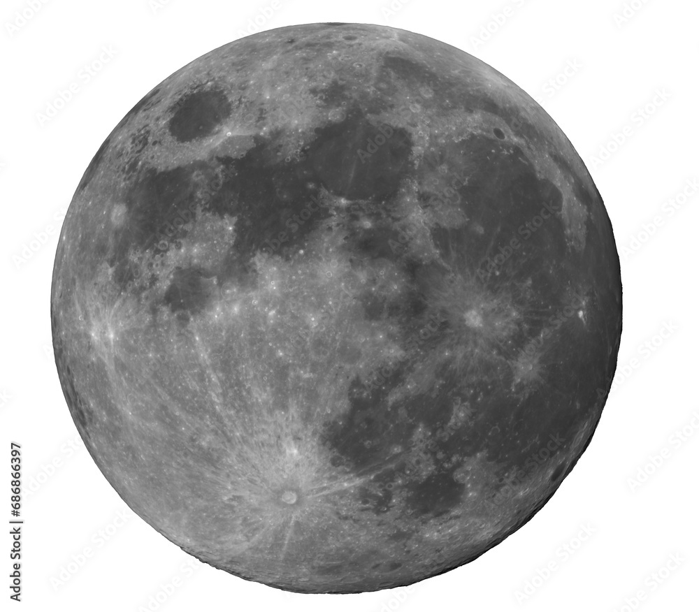 Photograph of the full moon, taken with a camera on a day of a large full moon. Craters, relief and characteristic areas of the moon