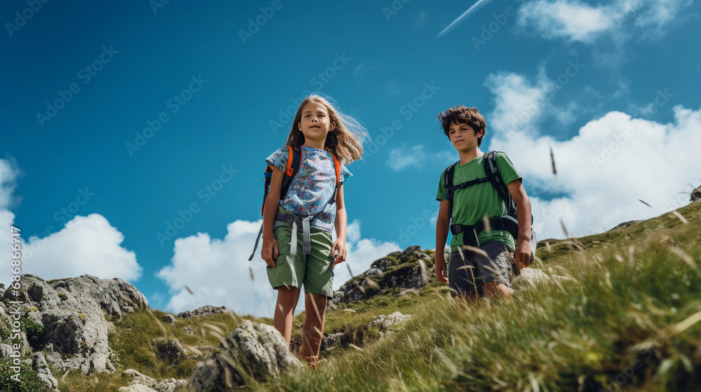 Adventurous sibling portrait on a mountain hike, vibrant green backdrop, clear blue sky