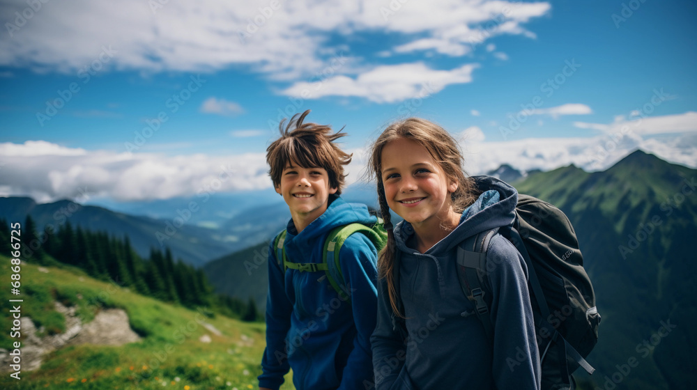 Adventurous sibling portrait on a mountain hike, vibrant green backdrop, clear blue sky