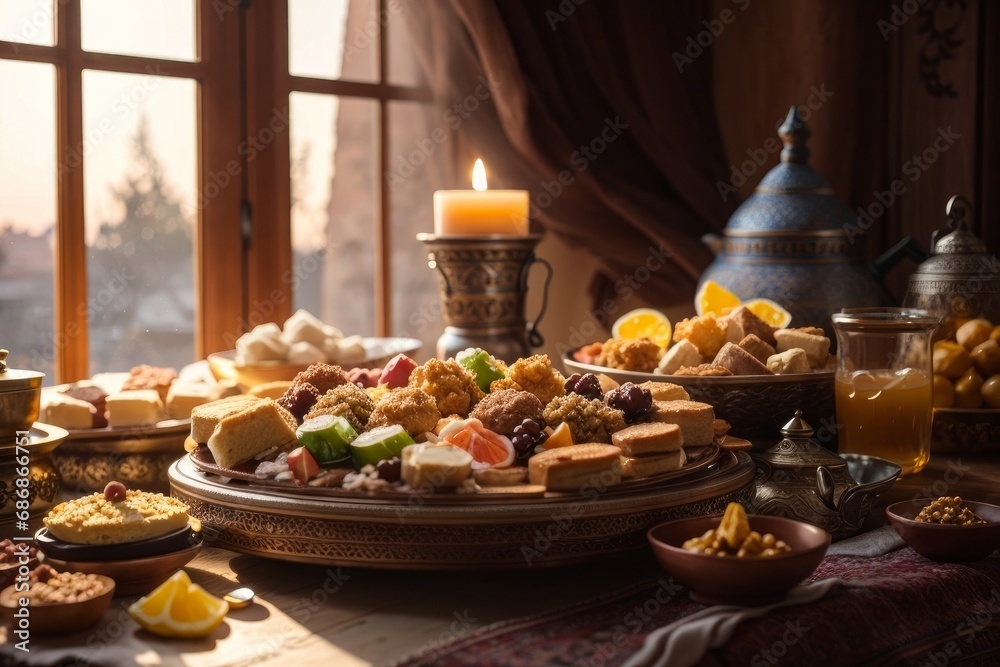 table with various Middle Eastern desserts and tea. There are plates and bowls of sweets like baklava, cookies, nuts, dates, syrup, etc... It has lighting coming through the window and a soft style. table with various Middle Eastern desserts and tea. There are plates and bowls of sweets like baklava, cookies, nuts, dates, syrup, etc... It has lighting coming through the window and a soft style.