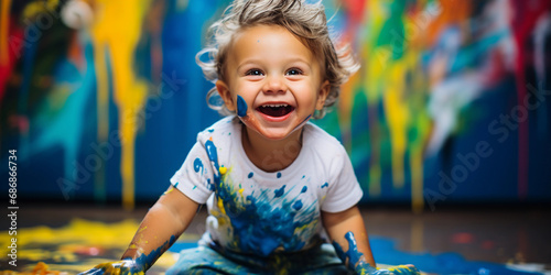 Artistic toddler portrait, finger painting fun, colorful background, candid smiles photo