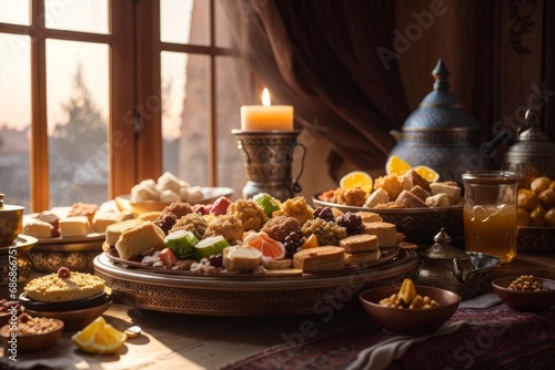 table with various Middle Eastern desserts and tea. There are plates and bowls of sweets like baklava, cookies, nuts, dates, syrup, etc... It has lighting coming through the window and a soft style. photo