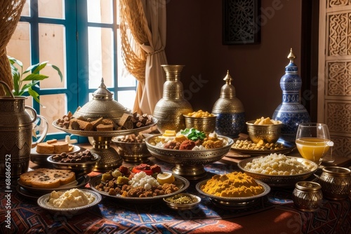 table with various Middle Eastern desserts and tea. There are plates and bowls of sweets like baklava, cookies, nuts, dates, syrup, etc... It has lighting coming through the window and a soft style.