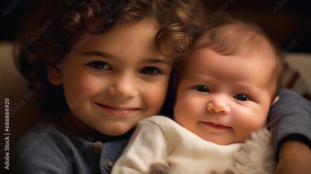Intimate sibling portrait with a newborn, soft focus, gentle touch, pastel nursery room Intimate sibling portrait with a newborn, soft focus, gentle touch, pastel nursery room