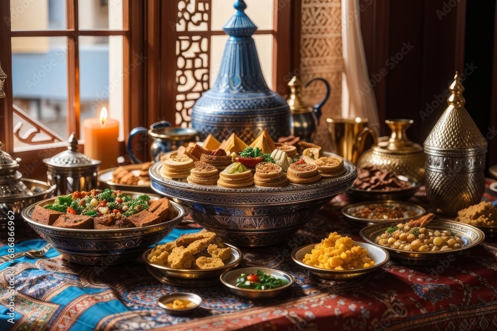 table with various Middle Eastern desserts and tea. There are plates and bowls of sweets like baklava, cookies, nuts, dates, syrup, etc... It has lighting coming through the window and a soft style.