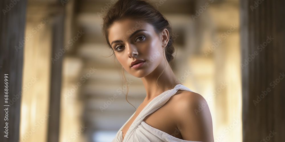 woman in a flowing white toga, ethereal lighting, soft focus, marble columns in the background