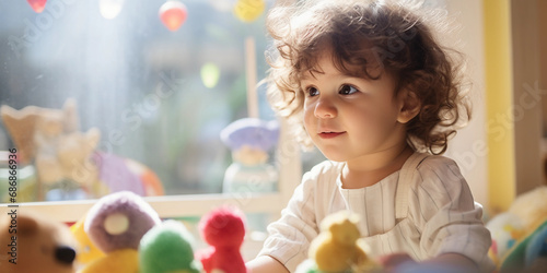Joyful toddler portrait, bright eyes, giggling, pastel-colored nursery background