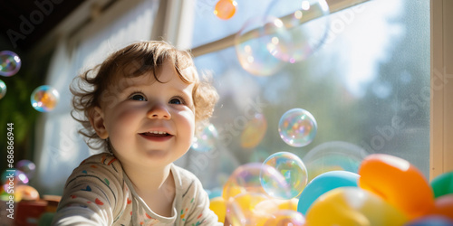 Joyful toddler portrait, bright eyes, giggling, pastel-colored nursery background