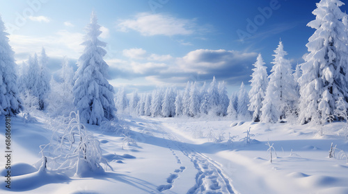 Beautiful winter background wallpaper landscape very snow blue sky © Adam