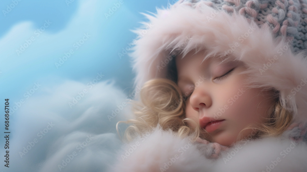 Newborn portrait with a soft knitted cap, nestled in a fluffy cloud of blankets Newborn portrait with a soft knitted cap, nestled in a fluffy cloud of blankets