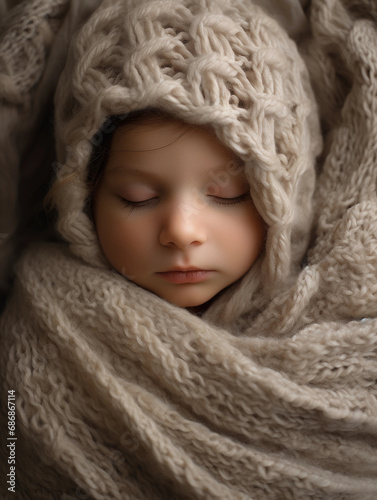 Newborn wrapped in a hand-knitted heirloom blanket, serene expression