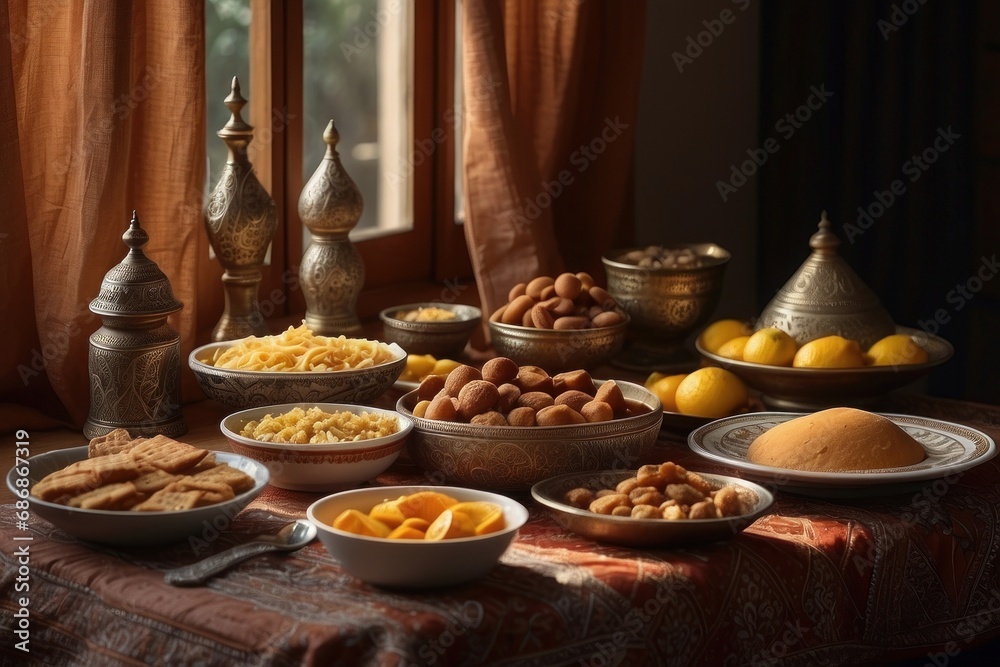 table with various Middle Eastern desserts and tea. There are plates and bowls of sweets like baklava, cookies, nuts, dates, syrup, etc... It has lighting coming through the window and a soft style.