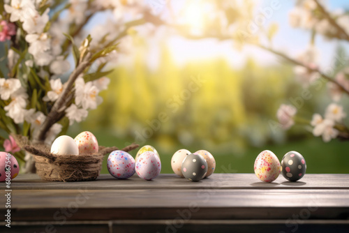 pastel-colored Easter eggs sits delicately on a wooden surface, heralding the arrival of spring with blooming flowers and lush greenery in the background.