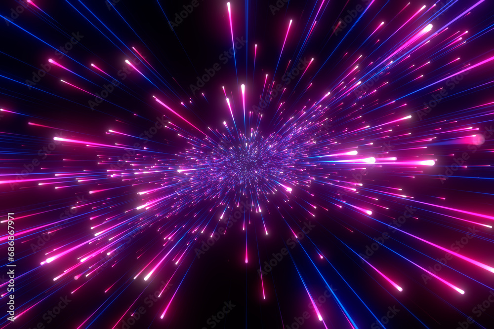 Abstract background in blue and purple neon glow colors. Speed of light in galaxy. Explosion in universe. Space background for event, party, carnival, celebration, anniversary or other. 3D rendering.