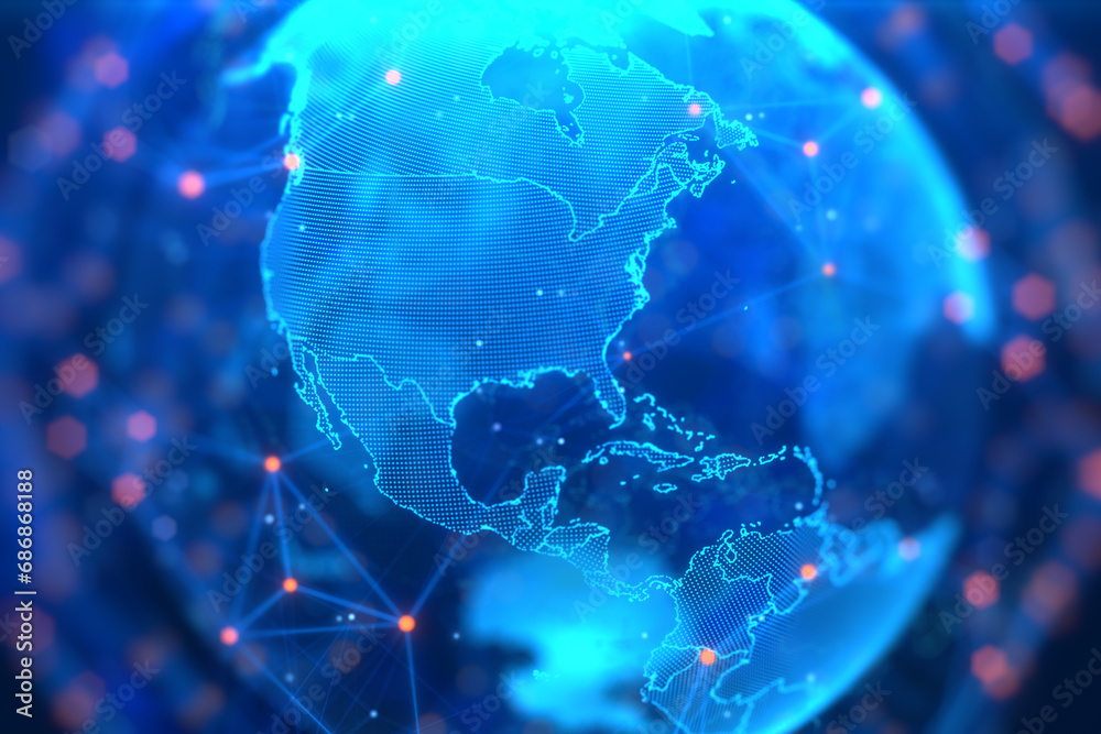 Blue holographic globe with nodes connected around earth. Concept of global network connection, communication technology, fintech, data exchange, worldwide exchange of information and online banking. - obrazy, fototapety, plakaty 
