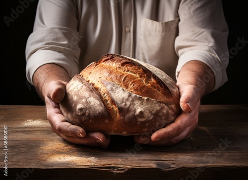 a hands holding a loaf of bread on a wooden table, rich and immersive