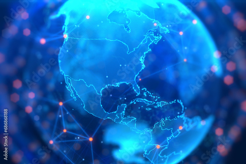 Blue holographic globe with nodes connected around earth. Concept of global network connection, communication technology, fintech, data exchange, worldwide exchange of information and online banking. photo