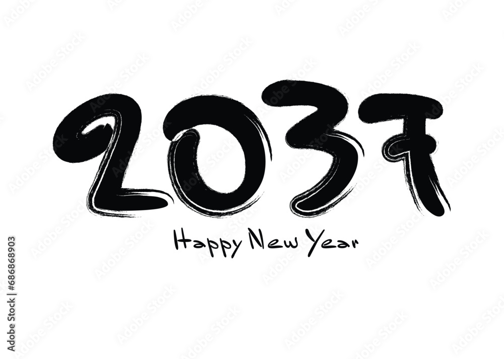 2037 Happy new year black vector illustration, numbers handwritten calligraphy, 2037 year vector