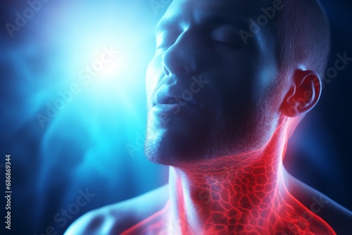 3D image of human head with luminous throat and nasopharynx network, muscle activity and flashes on black background. Swallowing process, neural connections. Physical health, throat diseases concept. photo