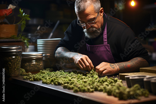 Preparing a joint and drug paraphernalia concept theme with close up man hands rolling a joint with herb girder to grind a cannabis buds in the background photo