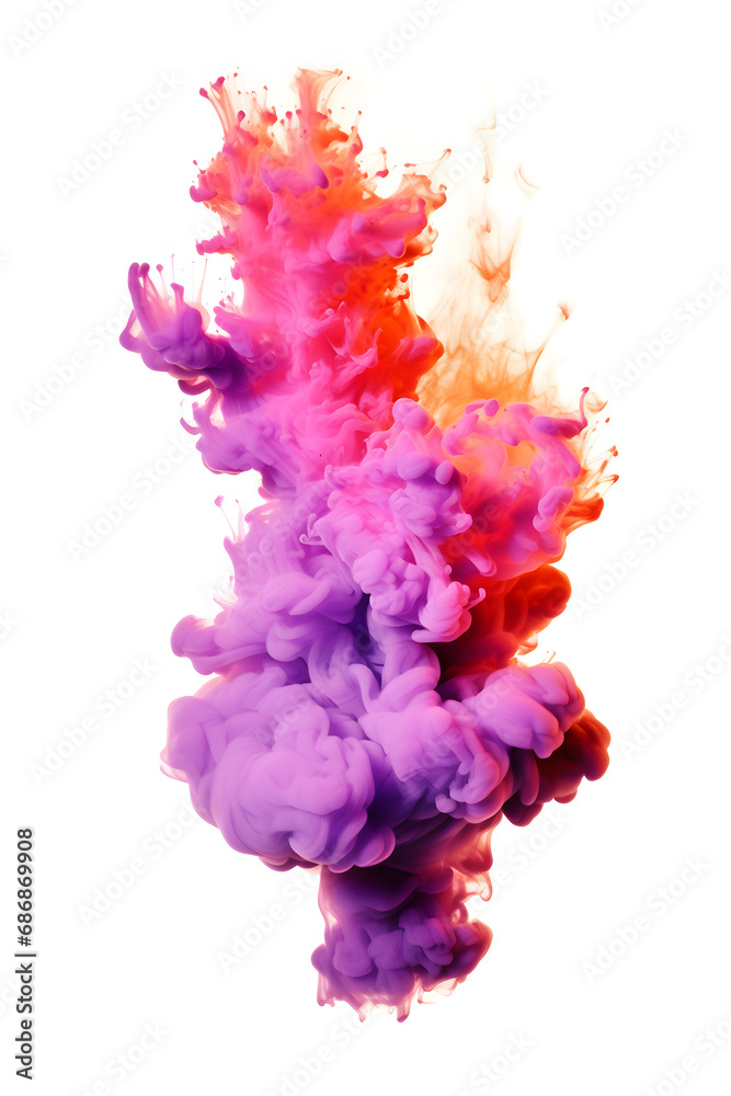 Purple smoke explosion on white background that looks like a flame, Vibrant Purple Smoke Flame: Dynamic Vertical Explosion on White