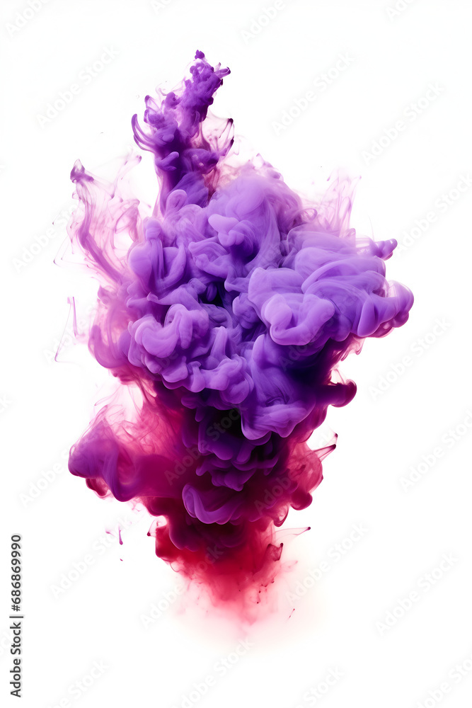 Purple smoke explosion on white background that looks like a flame, Vibrant Purple Smoke Flame: Dynamic Vertical Explosion on White