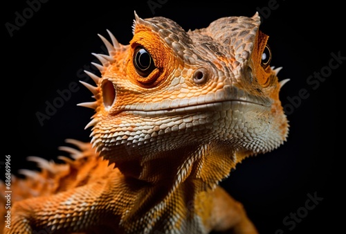 a portrait of a lizard with black background and a frontal view, fine art
