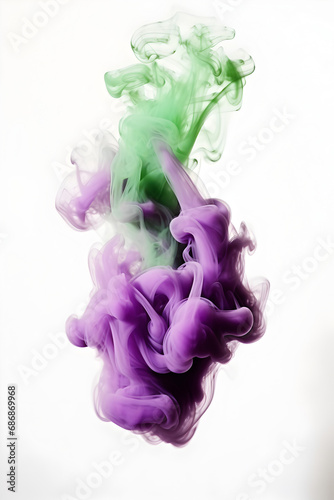 Green and purple smoke explosion, flame shaped smoke on white background 