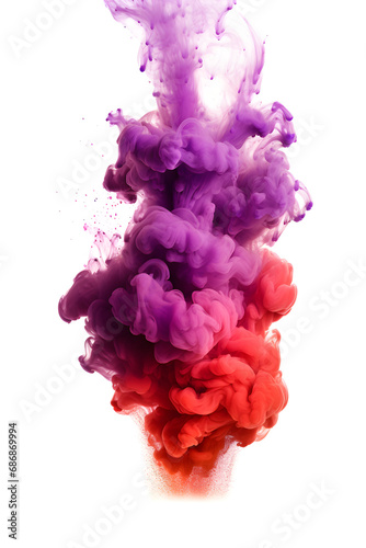Purple smoke explosion on white background that looks like a flame, Vibrant Purple Smoke Flame: Dynamic Vertical Explosion on White