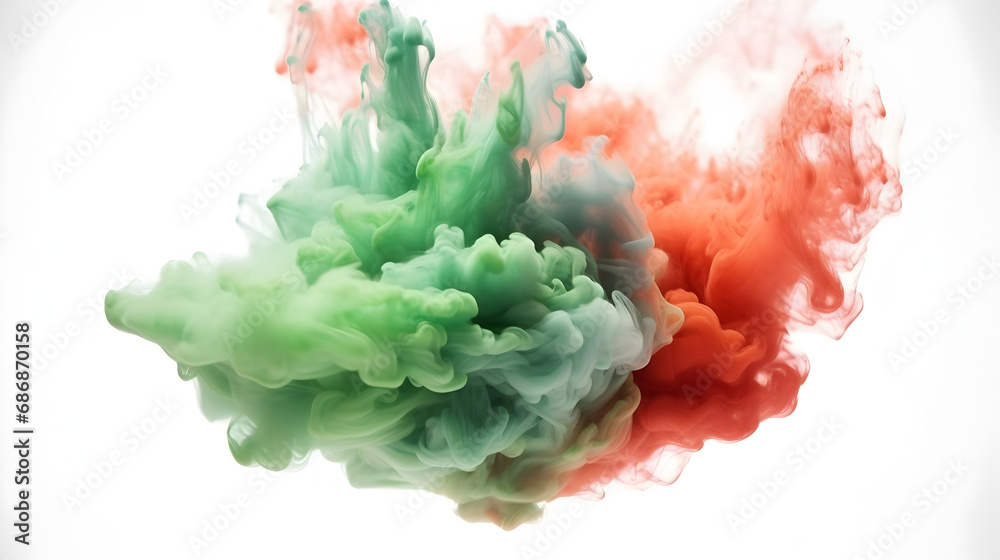Naklejka premium Contrasting Chroma: Red and Green Swirling Fumes on Abyssal White Canvas - Vivid Shades Coalescing in Enigmatic Whirls