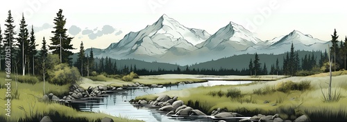 Finnish mountain landscape drawn realistic and detailed graphically illustration. generative AI