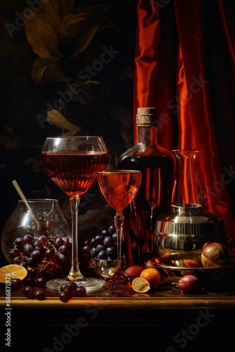 a selection of red wine cocktails and alcoholic drinks sparkling metallics dark amber historically accurate