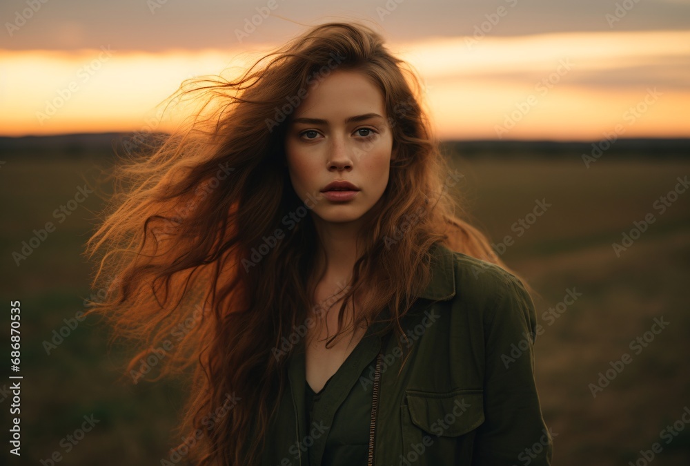 a woman with long hair standing in a field at sunset, australian landscapes, iconic rock and roll imagery, . a woman with long hair standing in a field at sunset, australian landscapes, iconic rock and roll imagery, .