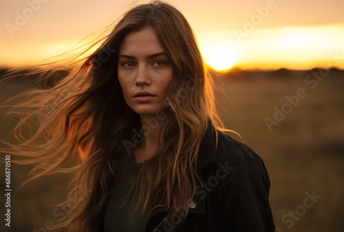 a woman with long hair standing in a field at sunset, australian landscapes, iconic rock and roll imagery, .