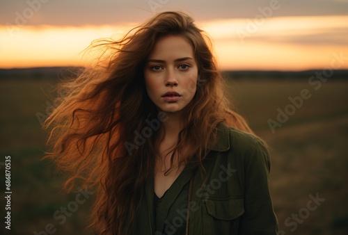 a woman with long hair standing in a field at sunset, australian landscapes, iconic rock and roll imagery, . © IgnacioJulian
