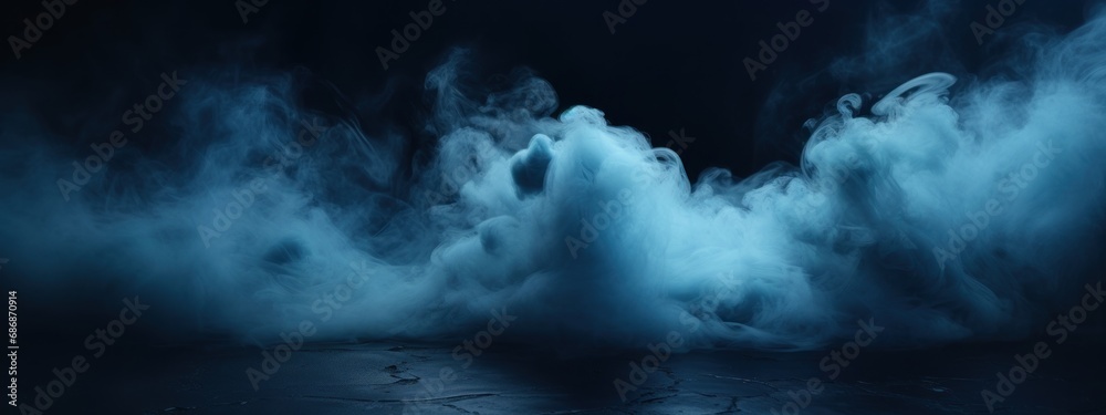 Black stage with blue smoke below, like fog on the floor. In a dark room. - obrazy, fototapety, plakaty 