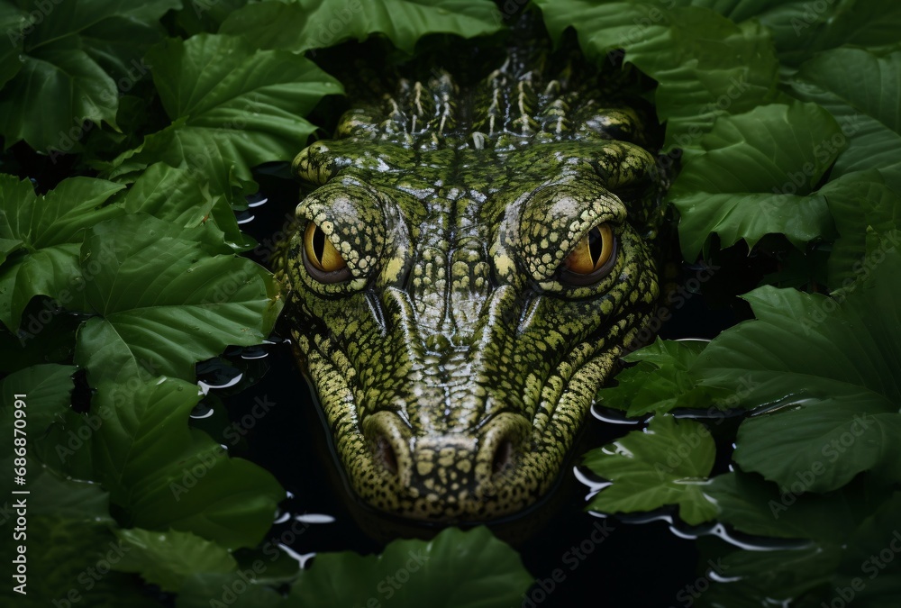 Fototapeta premium an alligator head is floating in a pond filled with green leaves