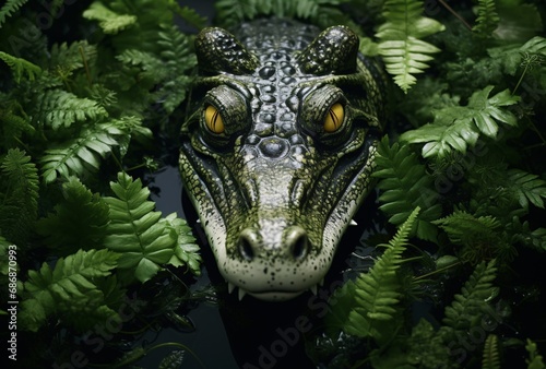 an alligator head is floating in a pond filled with green leaves