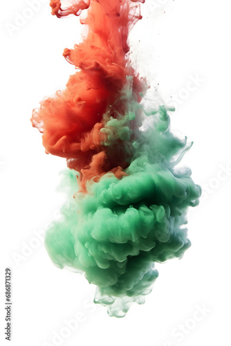 Contrasting Chroma: Red and Green Swirling Fumes on Abyssal white backdrop- Vivid Shades Coalescing in Enigmatic Whirls