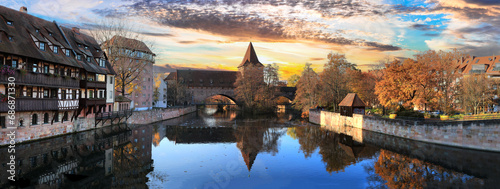 Nurnberg old town in autumn colors over sunset.. Landmarks of Bavaria, Germany travel