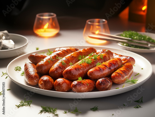 Grilled sausages on the white plate on white isolated background